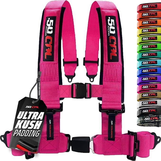 1pc 50 Cal Pink 4 Point Harness 3in Straps, Racing Harness Seat Belt | Ultra Kush padding, Push Button quick release hardware. Universal Fit for UTV, RZR, race car.