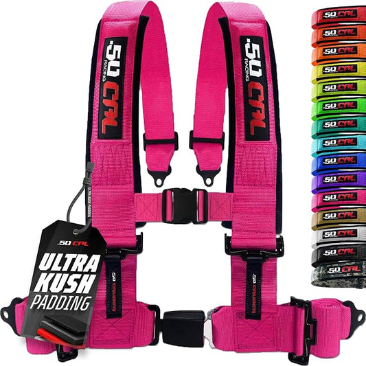 1pc 50 Cal Pink 4 Point Harness 3in Straps, Racing Harness Seat Belt | Ultra Kush padding, Push Button quick release hardware. Universal Fit for UTV, RZR, race car.