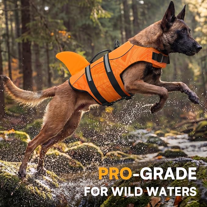 Dog Life Jacket High Flotation, Reflective Dog Life Vest for Swimming, Adjustable Dogs Life Preserver Rescue Handle Spring Summer Pool for Small, Medium, Large Dogs (OrangeLines,S)