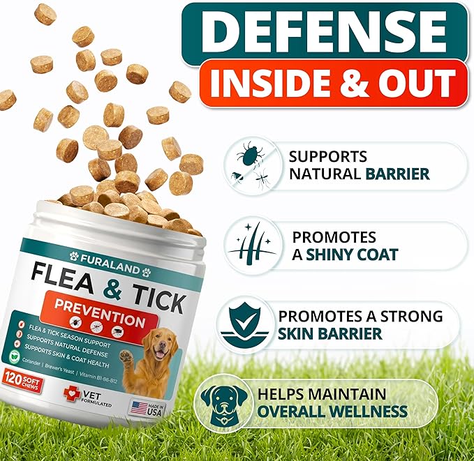 Flea and Tick Prevention for Dogs Chewables - Natural Dog Flea and Tick Treatment - Oral Control Pills - Vet Recommended Supplement - Skin & Coat Support Soft Chews - All Breeds & Sizes - Made in USA