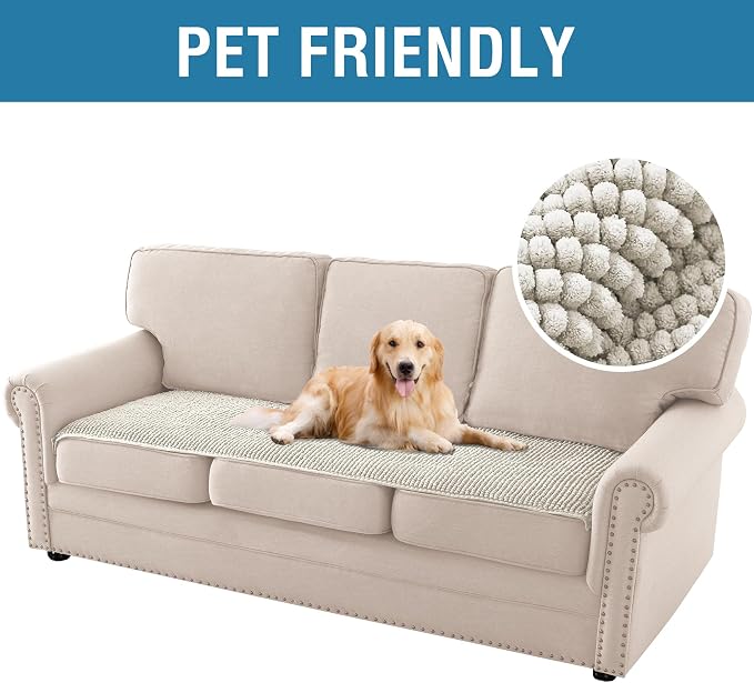 H.VERSAILTEX Plush Chenille Couch Cover for 3 Cushion Couch Anti Slip Washable Sofa Slipcovers Soft and Durable Furniture Protector for Dogs Cats Kids (27.5" x 82", Oatmeal)
