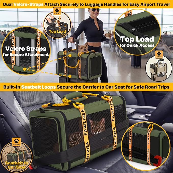 PAWZIDEA Expandable Pet Carrier for Small Cats & Dogs, TSA Airline Approved | 18"×11"×11" Soft-Sided Small Dog Travel Bag, Collapsible Top-Load Cat Carrier for 2 Cats Under Seat, Puppy Car Seat Up 15lbs
