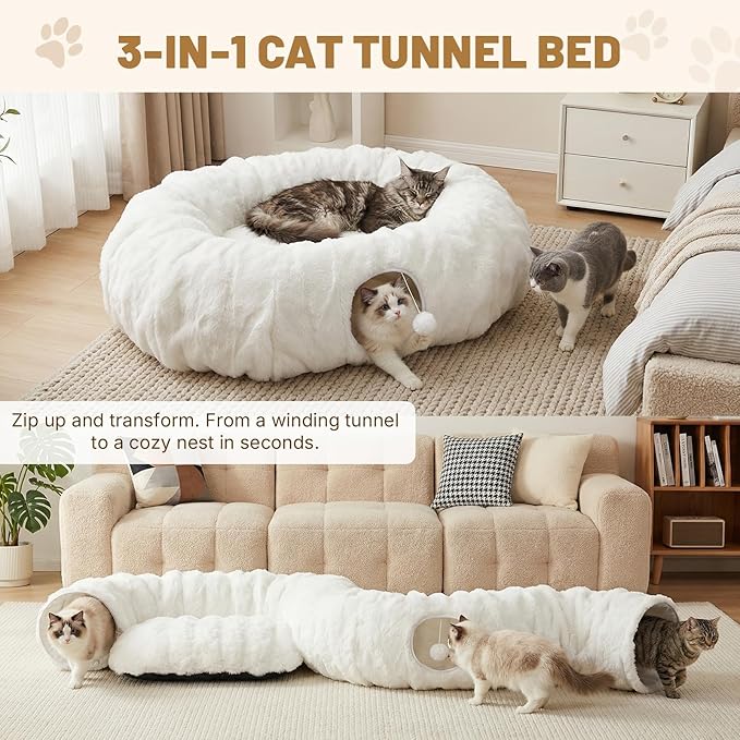Extra Large Cat Tunnel, 47.2in Luxury Tunnel for Large Cats | Extra Long Bubble Fleece Big Cat Tunnel with Washable Mat, Skin-Friendly Large Tunnel for Cats, Puppy, Rabbits White