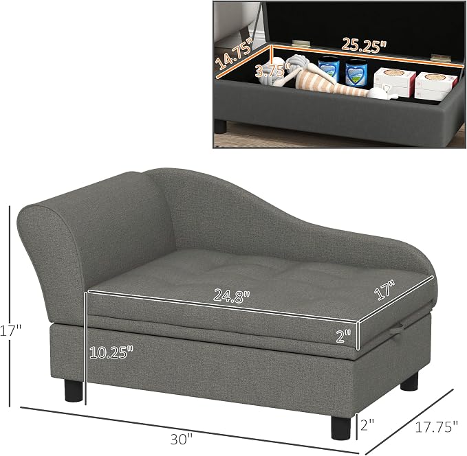PawHut Pet Sofa, Dog Couch, Elevated Pet Bed for Small Dogs, with Hidden Storage, Soft Tufted Cushion, Gray | Elevated Pet Bed, Soft Tufted Cushion