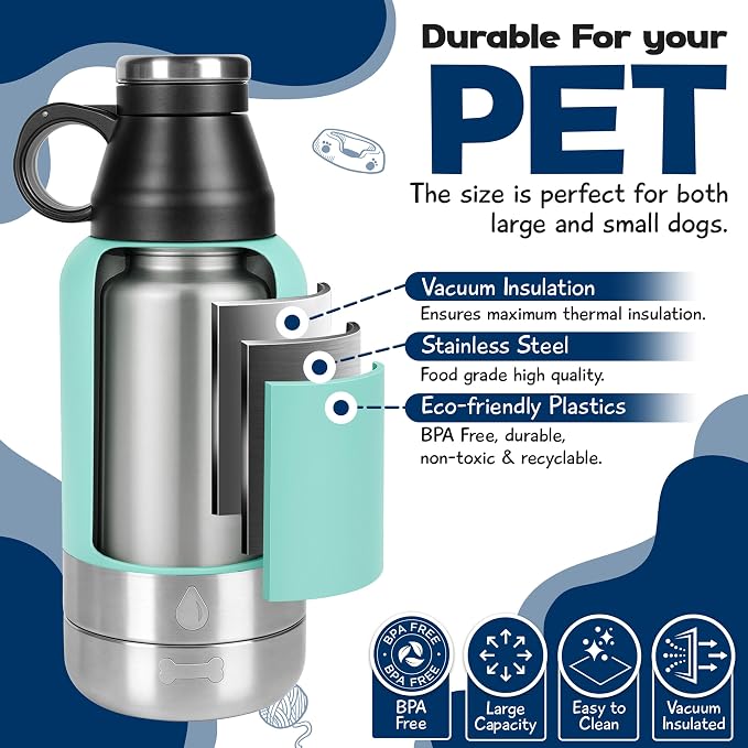 Portable Dog Water Bottle with 2 Removable Water Bowls for Dogs – Leak-Proof Insulated Stainless Steel Dog Water Bottle - Travel Accessories for Dogs - 32oz - Teal