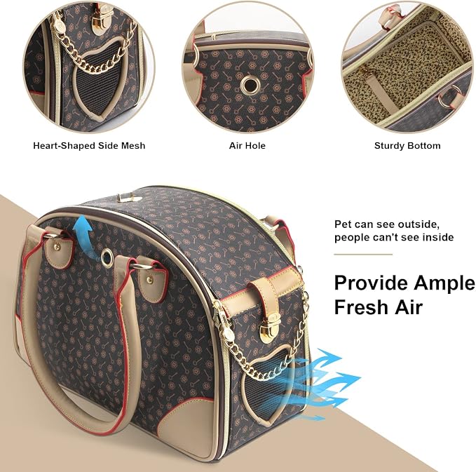 Fashion Dog Carrier PU Leather Dog Handbag Dog Purse Cat Tote Bag Pet Cat Dog Hiking Bag, Brown, Small 38 * 23 * 17cm