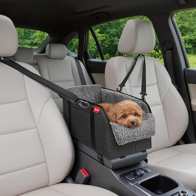 Center Console Dog Car Seat for Small Pets to 11lbs, Grey | Anti-collapse armrest Console seat with washable fluffy cushion, pillow & tether for stable, cozy pet travel trips.
