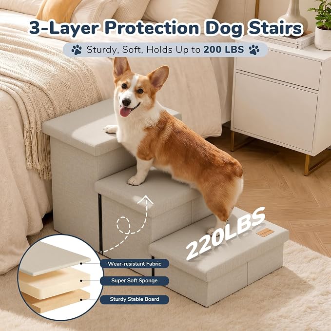 3-Step Wide Dog Stairs with Hidden Storage 18" H, Non-Slip Dog Steps for High Bed Couch Window Car, Jiont-Friendly Pet Stairs Ramp for Small/Medium/Large Old Dogs Cats Up to 220lbs, Beige