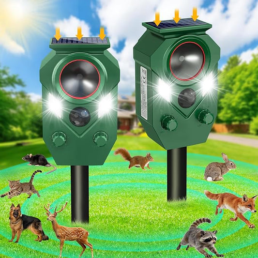Solar Animal Repellent,Ultrasonic Cat Repellent Outdoor with Motion Sensor,Waterproof Deer Repellent with Flahing Light Defender Mouse,Squirrel,Raccoon,Skunk,Rabbit,Dog for Yard Farm Garden-2 Pack