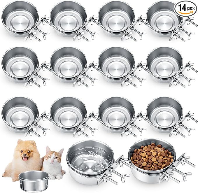 Silkfly 14 Pack Stainless Steel Hanging Dog Crate Bowls, Non-Spill Kennel Food & Water Bowls with Screw Clamp Holders, Removable, Easy to Clean Metal Cage Feeder for Pets(29 oz)