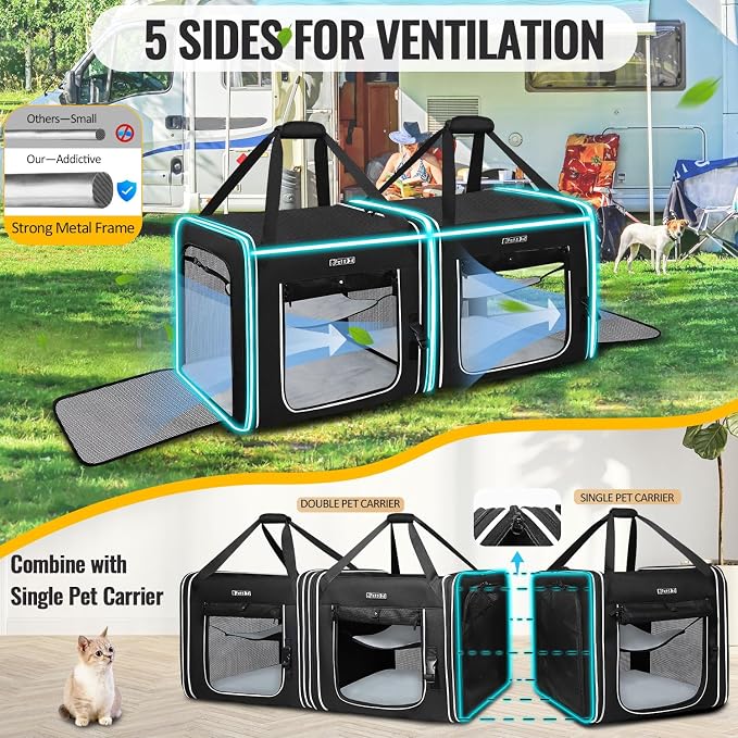 Portable Double Cat Carrier with Litter Box for Multiple Cats | 36"Lx17"Wx17"H, 2in1 Car Travel Carriers, Dual Large Cat Carrier, Lockable Safety Zippers, for Long Distance Travel