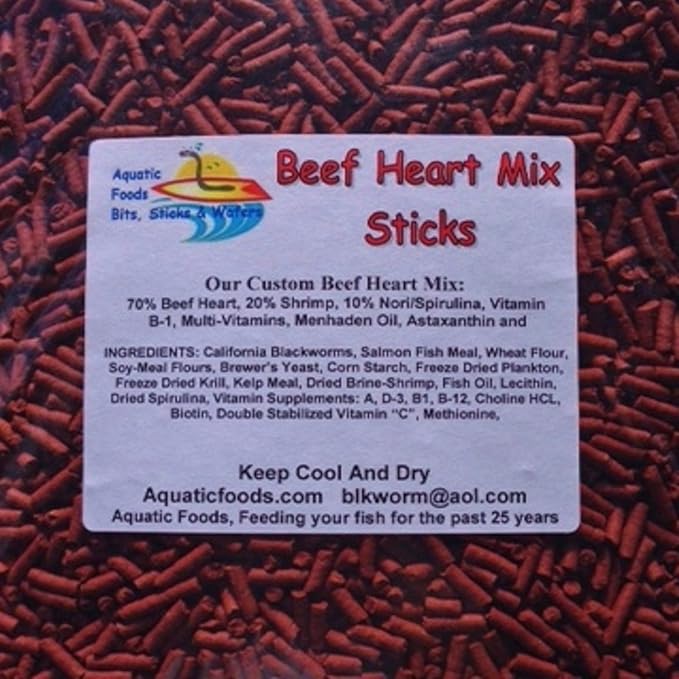Aquatic Foods Inc. Beef Heart Mix Sinking Sticks, APX 1/8" x 7/16" Sticks Consisting of Beef Heart, Shrimp, Spinach, Nori, Natural Astaxanthin, Discus, Cichlids, All Tropical Fish - 1/8-lb