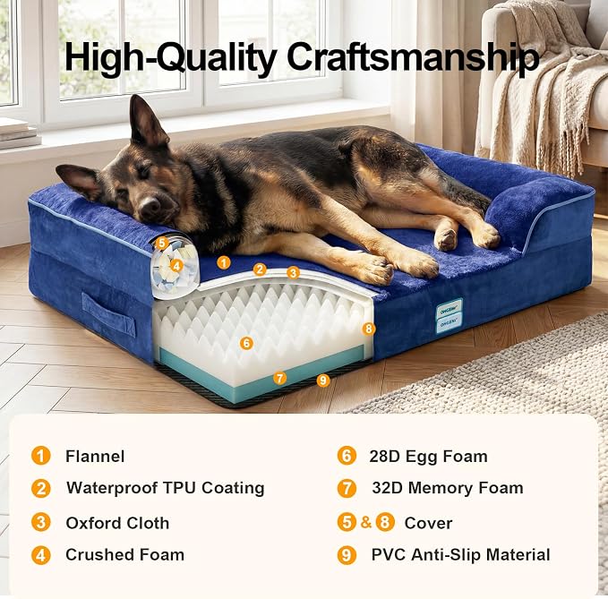 OhGeni Orthopedic Extra Large Dog Bed Couch, Memory Foam, 44-inch (Blue) | Waterproof Pet Bed with Machine-Washable Removable Cover & Soft Comfortable Fabric