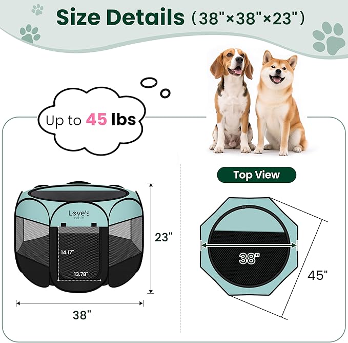 Love's cabin Pet Puppy Dog Playpen, Large Dog Tent Crates Cage Indoor/Outdoor, Portable Playpen for Cat, Foldable Pop Up Dog Kennel Playpen with Carring Case, Removable Zipper Top, Green