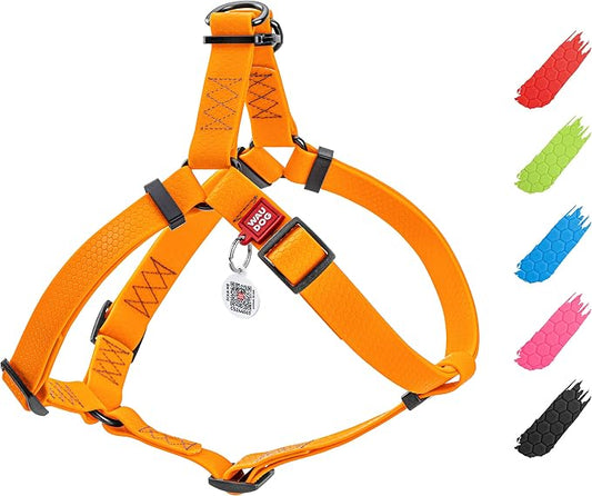 WAUDOG Waterproof Dog Harness - Adjustable for Large, Small and Medium Dogs - Heavy Duty with Durable Metal Clasp and QR Tag - Boy & Girl - Orange (20-32in)