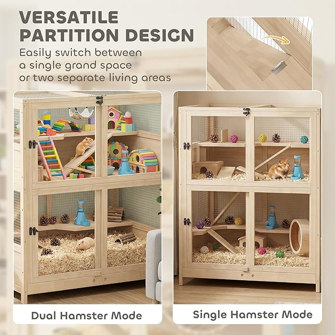 PawHut Wooden Hamster Cage, 4 Tier Small Animal Cage with Mesh Flip Roof, Pull-Out Tray, Huts, Seesaws, Ramps and Water Bottles, Hamster Habitat for Dwarf Syrian Mice Gerbil, 33" x 21" x 36"