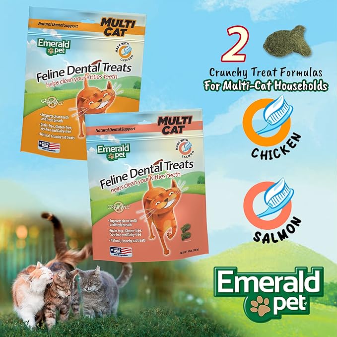 Emerald Pet Feline Dental Treats — Tasty and Crunchy Cat Treats Grain Free — Natural Dental to Clean Teeth, Freshen Breath, and Reduce Plaque and Tartar Buildup — Chicken, 32 oz