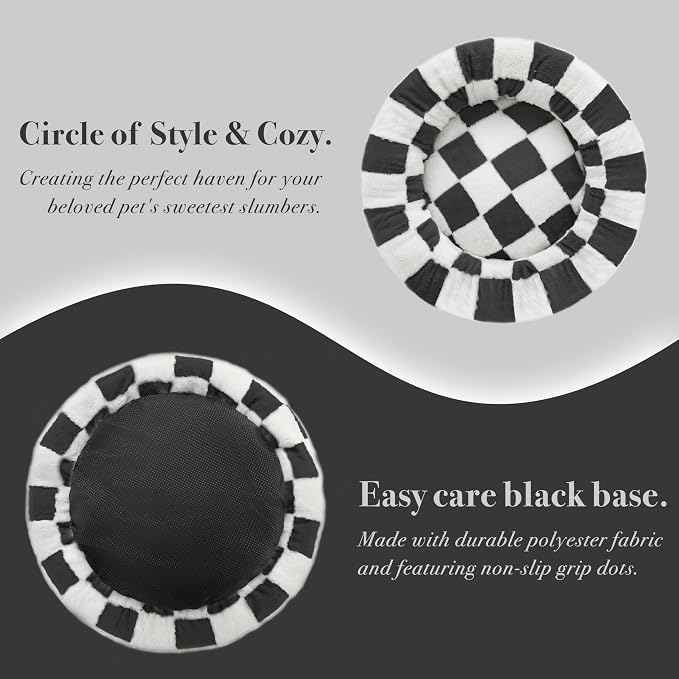 Ohocut Checkered Cat Dog Bed, Cute Black White Retro Style Aesthetic Round Warming Pet Calming Beds for Small Dog and Cats, Plush Cozy Donut Beds Washable, 23" L x 23" W x 8" Th