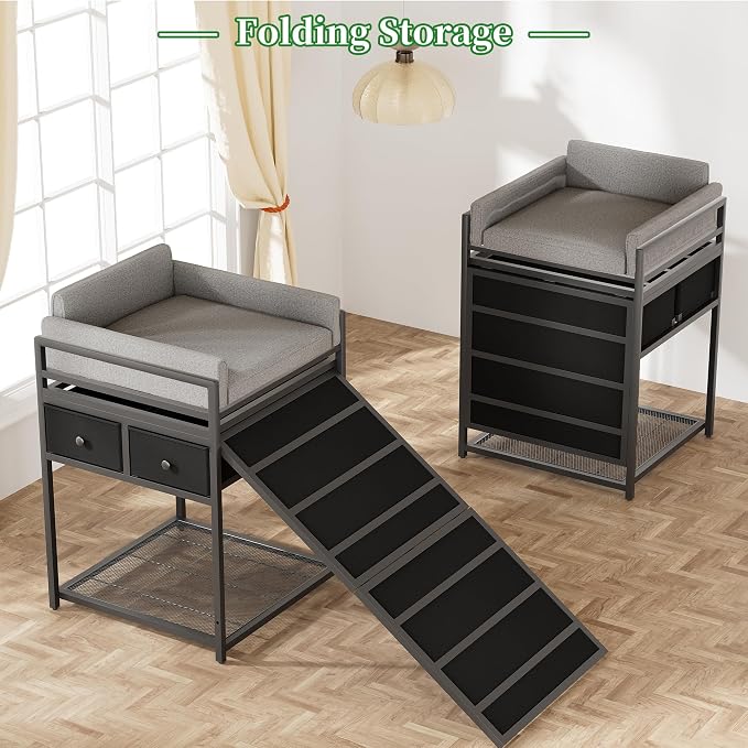 kepptory Dog Sofa with Window Perch & Retractable Dog Stairs, 2‑Tier Pet Bunk Bed with Storage Drawers, Multi‑Function Pet Furniture for Small Medium Dogs Cats, Supports 110 lbs, Easy Assembly