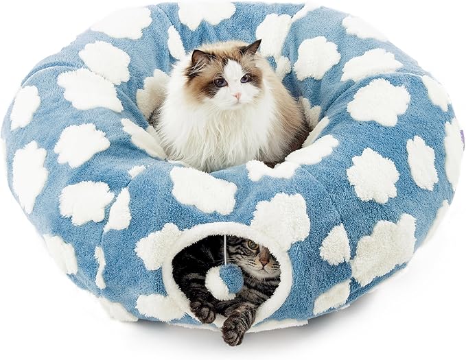 Lesure Donut Cute Jacquard Cat Tunnel Bed Kitten Toys for Puppy Bunny | 33.5x33.5x10in,Round Cat Bed Tube for Indoor Cats Rabbit Dog,Pet Peekaboo Cave Toy,Spiral Hideaway,Washable Cushion,Blue