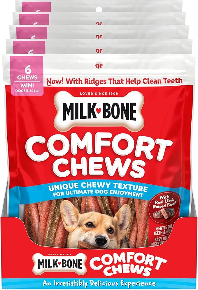 Milk-Bone Comfort Chews, Mini Dog Chews with Unique Chewy Texture and Real Beef, 7.4 Oz. Bag (Case of 5) (6 Chews Each)