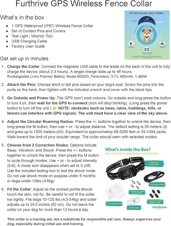 Furthrive GPS Dog Collar, Wireless Dog Fence 100–3280 ft Circular Boundary, Waterproof GPS Dog Collar System Outdoor with Beep, Vibration & Adjustable Training
