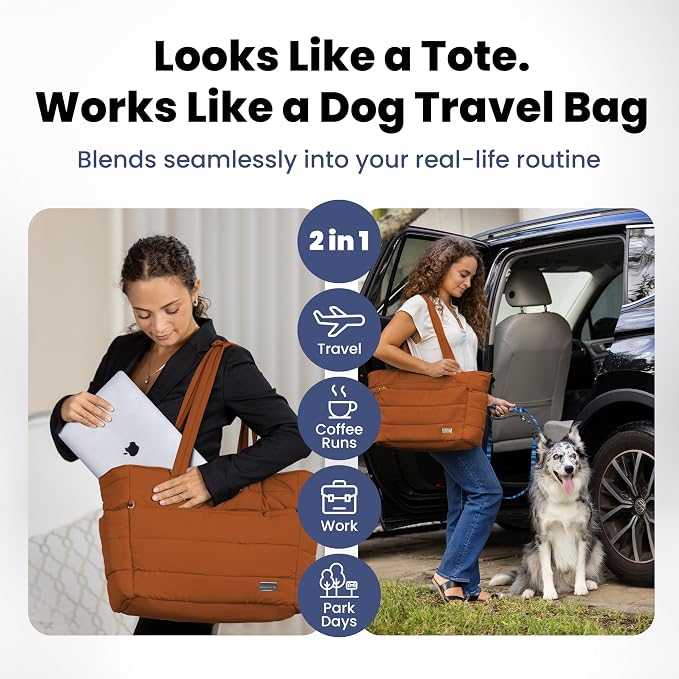 Puffer Dog Travel Bag for Dog Moms, Diaper Bag with Travel Bowls | 2 BPA-Free Collapsible Bowls, 2 Pet Food Containers, 9 Pockets, Everyday Puffer Bag Works With or Without Your Dog, Rust