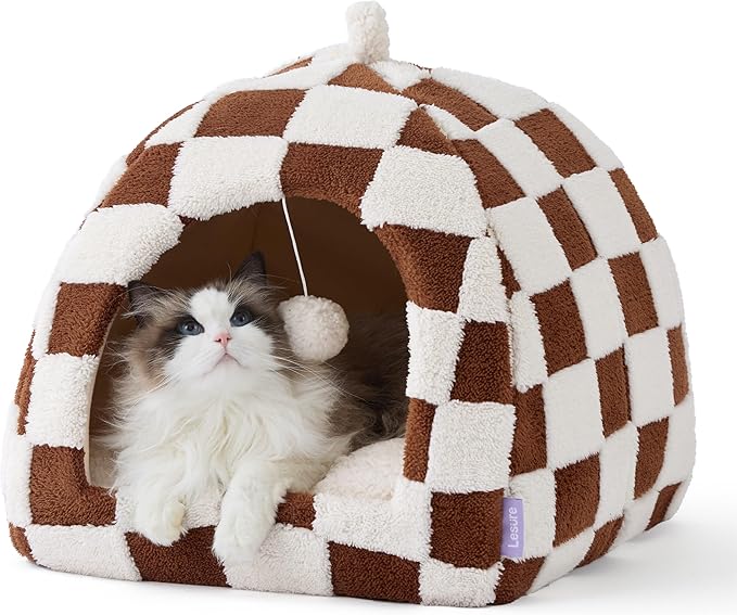 Lesure 2in1 Cute Cat House for Kitten with Washable Cushioned Pillow,17.3in | Cat Beds for Indoor Cats,Small Pet Cave Tent,Cozy Enclosed Foldable Hideaway,Fluffy Ball,Anti Slip Bottom,Hand Strap,Brown