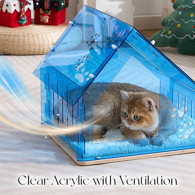 Acrylic Cat House for Indoor Cats, Transparent Cat Bed Cave with Plush Cushion & Hanging Toys, Modern Ventilated Cat Condo with Sturdy Wooden Base for Adult Cats & Kittens up to 12 lbs, Blue