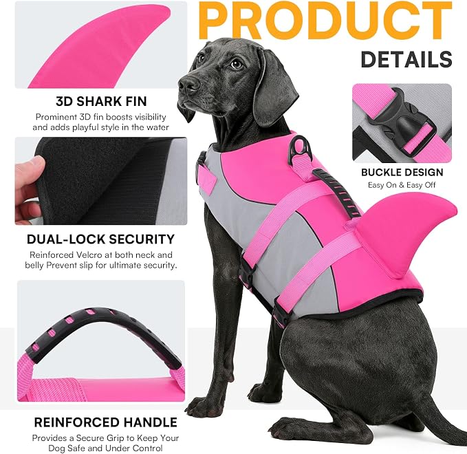 Dog Life Jacket Ripstop Shark Dog Safety Vest Adjustable Preserver with High Buoyancy and Durable Rescue Handle for Small,Medium,Large Dogs, Pink Shark XX-Large