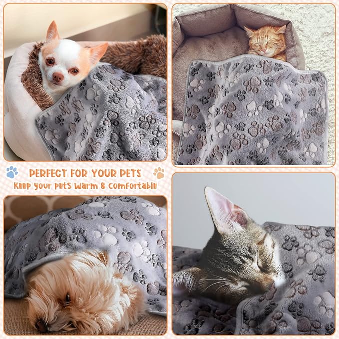 Tatuo 4 Pack Fleece Dog Blankets for Puppy Cats Multi-Size Sleep Mat for Pet Guinea Pig Soft Washable Warm Crate Bed Puppy Teething Toys Print Pattern Blanket Indoor(Gray,41 x 30 Inch,Paw)