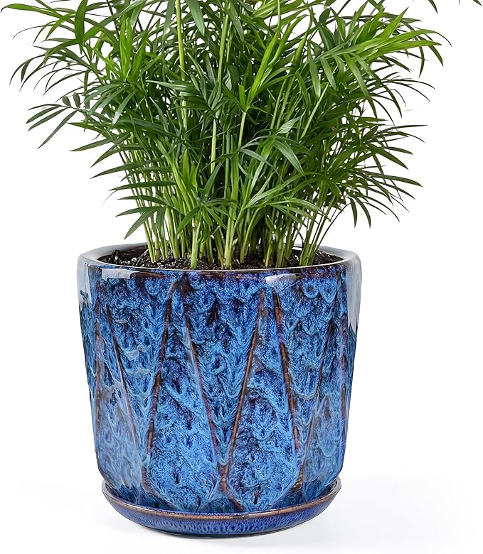 7.8 Inch Ceramic Plant Pot with Drainage Hole Mesh Net, Large Flower Pots for Indoor Plants with Saucer, Gardening Pots Outdoor, Blue