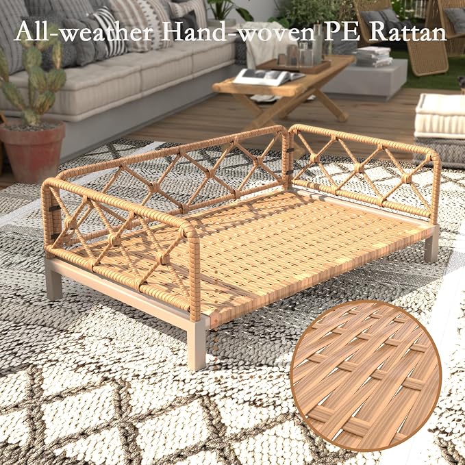 Outdoor Dog Bed, Elevated Dog Couch with Removable Cushion, Waterproof Rattan Wicker Orthopedic Indoor Raised Pet Sofa for Dogs, Cats, Pets (Brown)