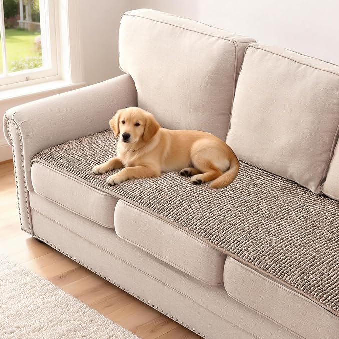 H.VERSAILTEX Plush Chenille Couch Cover for 3 Cushion Couch Anti Slip Washable Sofa Slipcovers Soft and Durable Furniture Protector for Dogs Cats Kids (27.5" x 82", Cuban Sand)