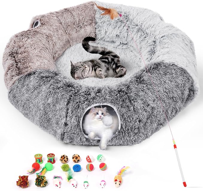 Large Cats Tunnels for Indoor Cats Fluffy Warm Cat Bed and Detachable Cave Tunnels with 20 Pet Toys, Donut Tunnel and Variety Kitten Toy Set for Playing