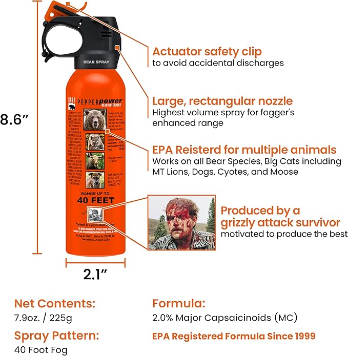 UDAP Pepper Power 12VHP Safety Orange Bear Spray Self Defense Deterrent with Hip Holster and Belt for Camping, Hiking, Fishing, Powerful Blast Pattern, 30 feet Fog Barrier, 7.9 oz