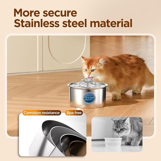 Cat Water Fountain Stainless Steel: Pet Fountain with 6 Filters & 3 Sponges | 88oz/2.6L Water Fountains for Cats Inside with Flower - Kitty Drinking Dispenser - Gifts for Cats Dogs and Small Animals
