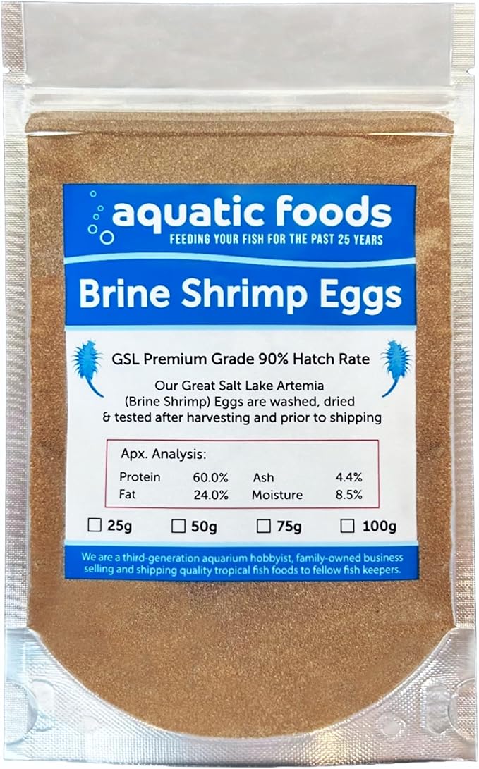 Aquatic Foods Inc. Brine Shrimp Artemia Eggs, Premium Grade 90% Hatch Rate from The Great Salt Lake, Utah, USA.- 50 Grams -1.76oz