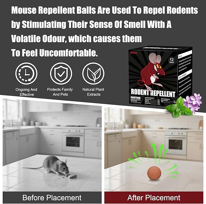 Rodent and Insect Repellent Ball. Suitable for use in Homes, Gardens, and Warehouses. Uses Natural Ingredients to Safely and Effectively Repel mice & Squirrels. Safe for Families and Pets 12 Pack