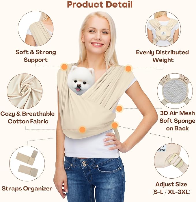 Small Dog Sling Carrier, Hands-Free, Beige, Plus | Patented Front Carrier Reduces Back and Neck Strain; Adjustable, Soft Cotton, 3D Air Mesh for Puppies & Cats up to 20 lb