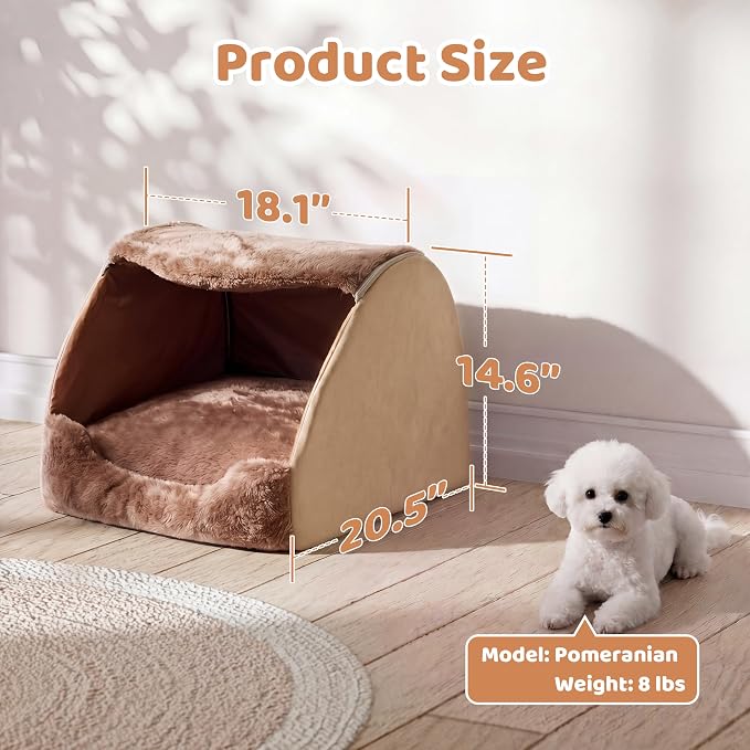 LATIBELL Indoor Puppy House Foldable Pet Tent Cave Bed ，Brown | Covered Cave Bed, For Small Dogs and Cats, Removable Washable Puppy Kennel, Soft Cushion