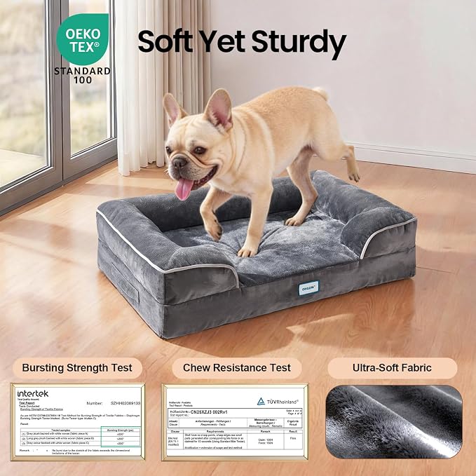 OhGeni Orthopedic Medium Dog Bed Couch Sofa, Memory Foam, 28-inch (Gray) | Waterproof Pet Bed with Machine-Washable Removable Cover & Soft Comfortable Fabric