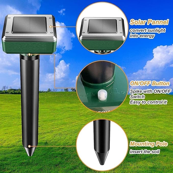 8 Pack Mole Repellent Solar Powered Sonic Mole Deterrent Spikes, Snake Gopher Vole Repellent for Lawn Garden & Yard Gopher Deterrent, Groundhog Repeller