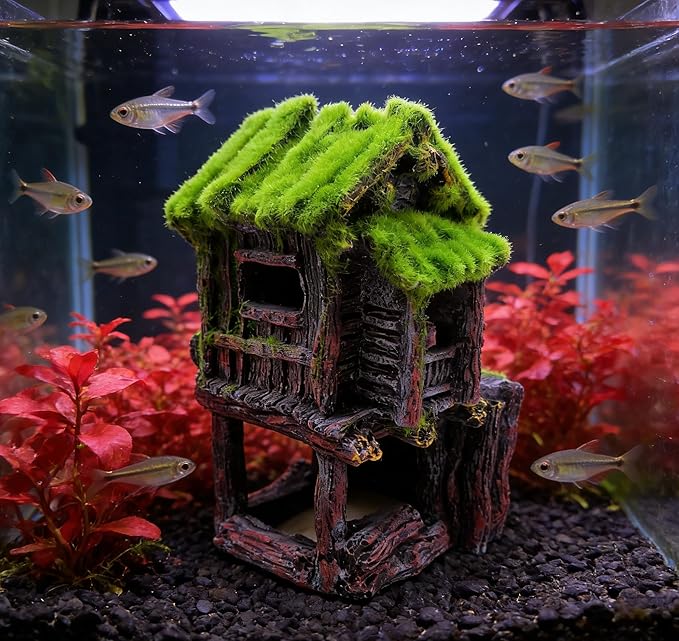 M2cbridge Aquarium Decorations Fish Hideout House Betta Cave with Green Lifelike Moss (Style 4)
