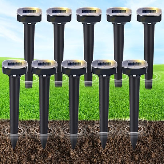 10 Pack Mole Repellent Solar Powered, Snake & Skunk & Vole & Gopher & Armadillo & Rabbit & Groundhog & Chipmunk & Raccoon Repellent for Yard, IP65 Waterproof Ultrasonic Deterrent for Lawns Garden