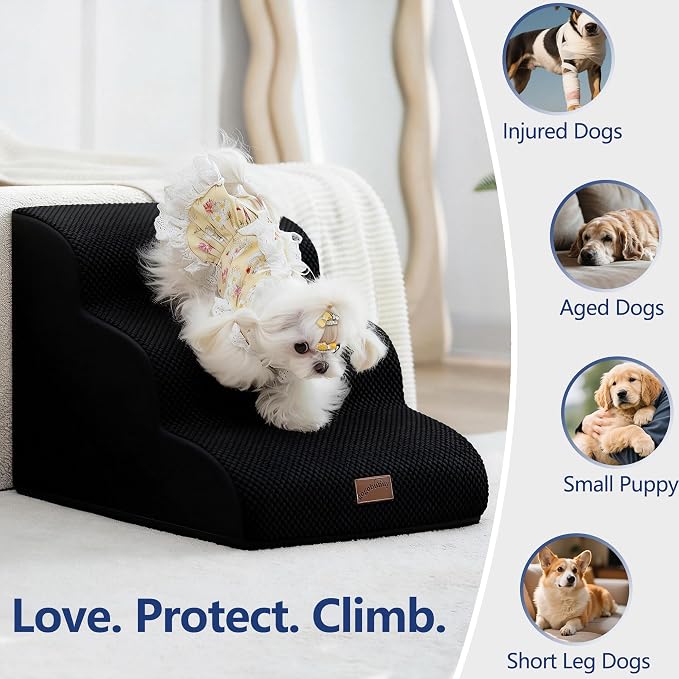 GoGoBunny Waterproof High Density Foam Curved Dog Stairs for High Beds Couches 19.7" H, 4-Step Ramp Dog Steps Friendly to Small Medium Dogs or Pets Joints, Non-Slip Balanced Durable Pet Step, Black