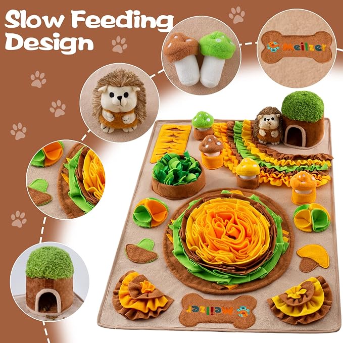 Large Snuffle Mat for Dogs 40'' x 27.5'' Sniff Mat with Hedgehog Puzzle Toy Squeaky Mushrooms Interactive Toys Portable Feeding Mat for Foraging Skills