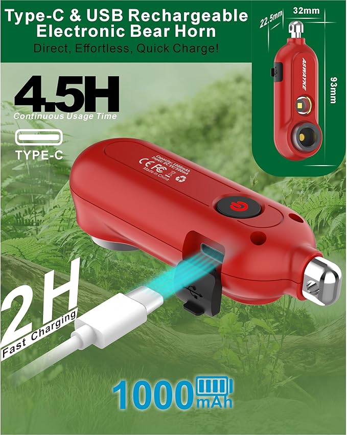 125dB Rechargeable Bear Horn,IPX5 Waterproof & LED Flashlight Bear Deterrent Device for Hiking, Camping, Outdoor Survival-Red