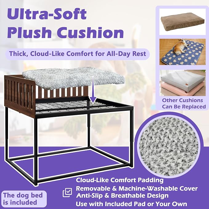 Beside Dog Bed,2 Panel Adjustable Height Dog Bunk Beds,47''x 31'' Metal Dogs Bed Frame with Cushion,X-Large