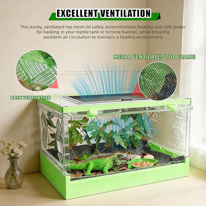 Travel Foldable Reptile Terrarium with Sliding Door Portable Spider Enclosure, Lizard Cage, Plastic Habitat for Tarantula, Tree Frog, Leopard Gecko, Snake, Ventilated Terrarium Starter Kit Green